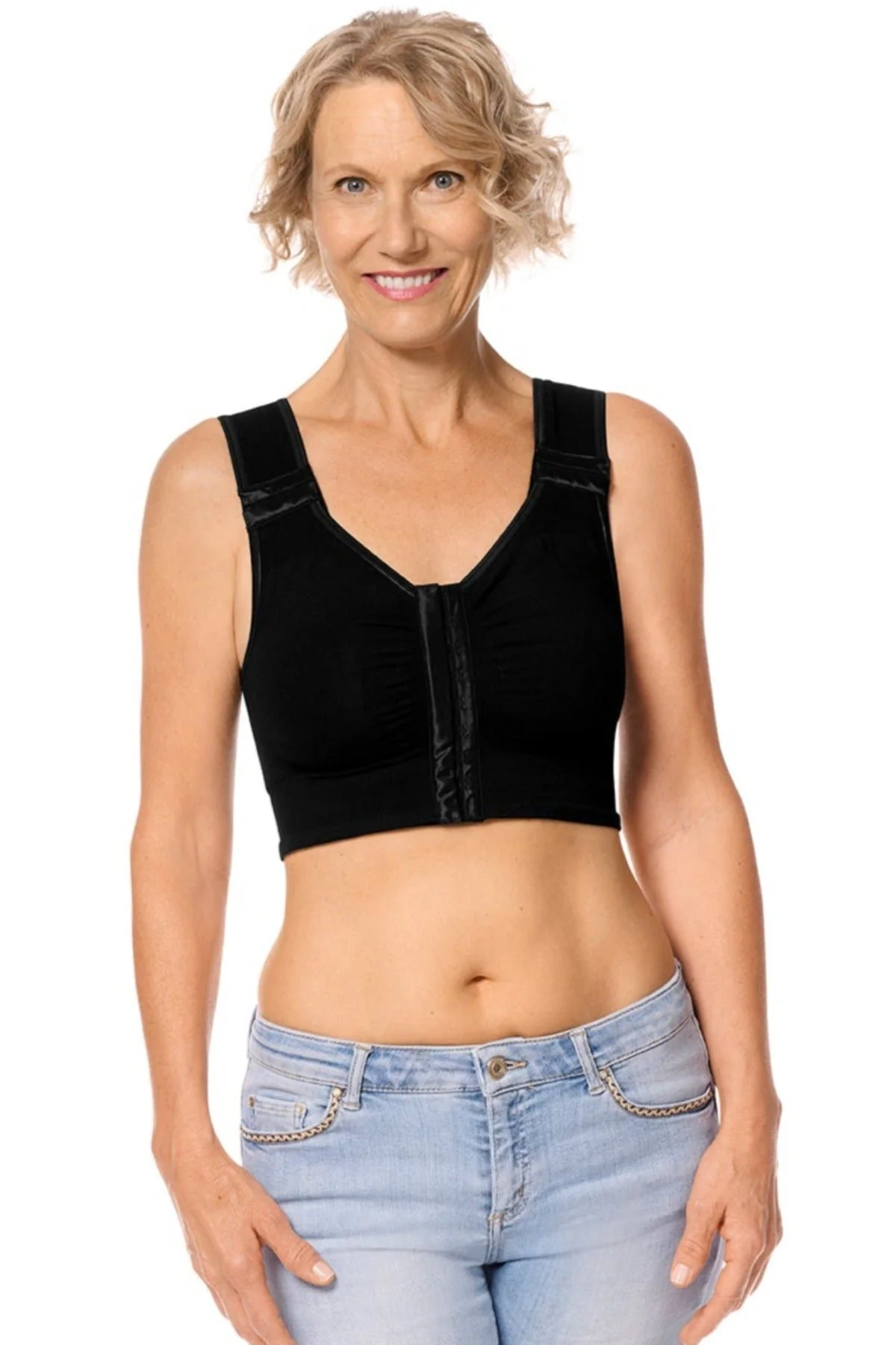 Amoena Lymph Flow Long Front Closure Soft Mastectomy Bra - Black